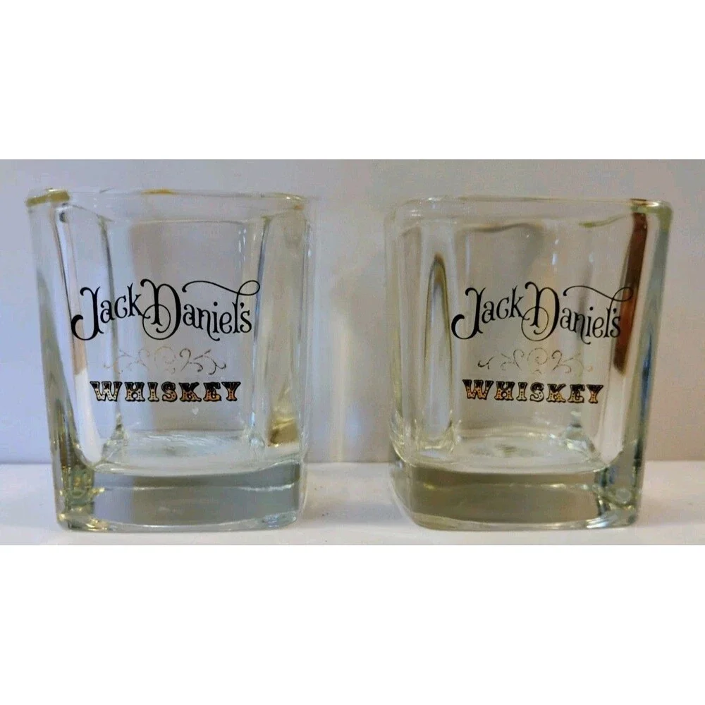 Vintage Jack Daniels Square Whiskey Lowball Glasses Heavy Base Barware Set of 2